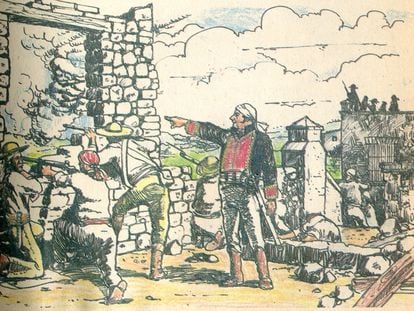 José María Morelos da órdenes durante una batalla, en una ilustración.
