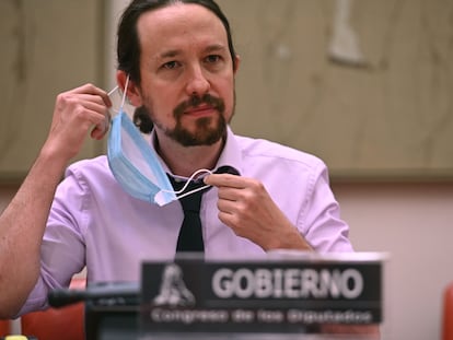 El vicepresidente segundo y ministro de Derechos Sociales y Agenda 2030, Pablo Iglesias, comparece ante la Comisión de Derechos Sociales y Políticas Integrales de la Discapacidad del Congreso de los Diputados.