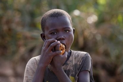 Un niño come una fruta en Lodwar. Turkana es el condado más pobre entre los 47 en Kenia. El 88% de los habitantes vive por debajo del nivel de pobreza, en comparación con el 45% nacional, según la Oficina Nacional de Estadística.