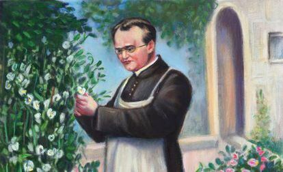 Mendel en un jardín cogiendo guisantes para sus experimentos, recreado en un cuadro.