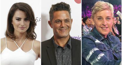 La actriz Penélope Cruz, el cantante Alejandro Sanz y la presentadora estadounidense Ellen Degeneres.