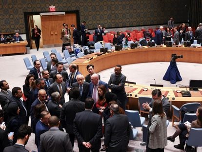 Los representantes de Egipto, Rusia, Palestina y China forman un corrillo, este martes en el Consejo de Seguridad de la ONU.