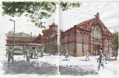 Dibujo del mercado de Sant Antoni de Barcelona.