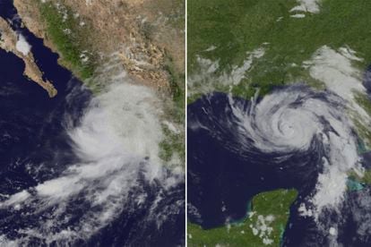 Imágenes satelitales de los huracanes 'Ida', en el Golfo de México (derecha) y 'Nora' en las costas del Pacífico mexicano.