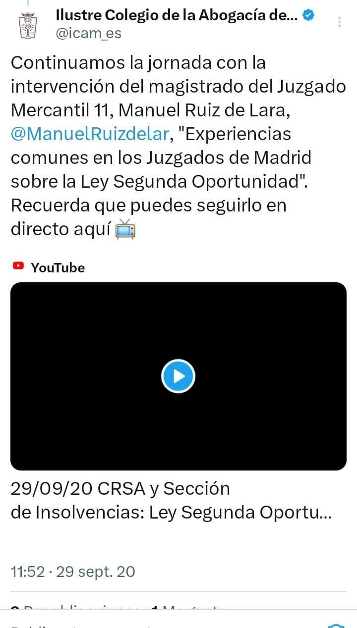 Mensaje del Colegio d e la Abogacía de Madrid en el que cita a Ruiz de Lara por su perfil en Twitter @ManuelRuizdelar.