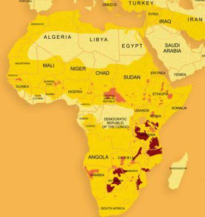 En amarillo, el territorio que ocupaba el león africano históricamente. En naranja, la zona que ocupa en la actualidad. En marrón, sus bastiones (zonas con más de 500 adultos).