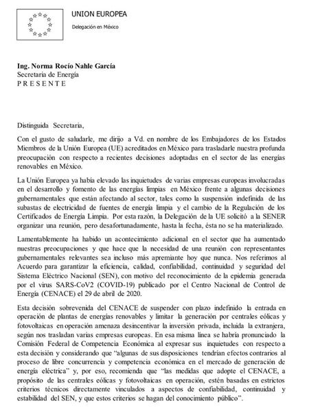 Carta de la UE al Gobierno mexicano.