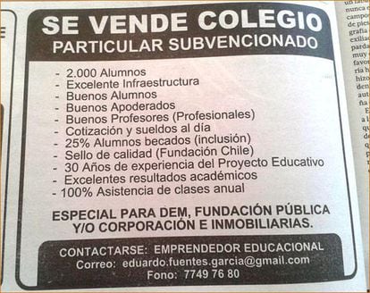 <span >Colegio en venta en Chile, con alumnos, profesores, sello de &quot;calidad&quot; y buenos &quot;apoderados&quot;, eufemismo comercial usado para nombrar a los padres o responsables de los alumnos en el sistema educativo chileno. (Diciembre de 2014)</span>