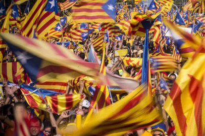 Cientos de manifestantes con banderas esteladas durante la manifestaci&oacute;n que se celebr&oacute; el d&iacute;a de la Diada.