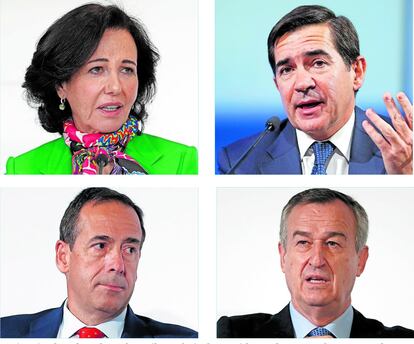 De izquierda a derecha y de arriba a abajo, la presidenta de Santander, Ana Botín; el presidente de BBVA, Carlos Torres; el consejero delegado de CaixaBank, Gonzalo Gortázar; y el CEO de Sabadell, Cesar González-Bueno.