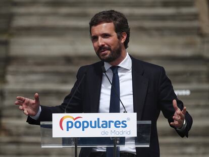 El líder del PP, Pablo Casado, en la presentación de la candidatura del PP para las elecciones a la Asamblea de Madrid, el pasado 31 de marzo.