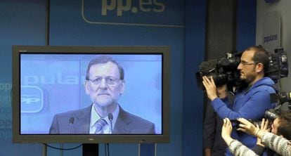 El presidente del Gobierno, Mariano Rajoy, el pasado 2 de febrero, cuando se comprometió a publicar su renta, en un discurso televisado a la cúpula del PP.