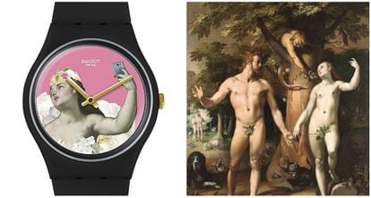 A la izquierda, uno de los relojes de la colección Swatch x Rijksmuseum inspirado en el cuadro ‘La caída del hombre’, de Cornelis Corneliz (a la derecha).