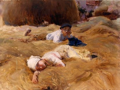 'La siesta, Asturias' (1903), óleo de Sorolla en el que representa dos niños exhaustos después de trabajar amontonando heno.