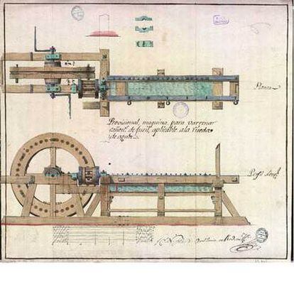 Dibujo de mayo de 1809 de una máquina para barrenar cañones de fusil.