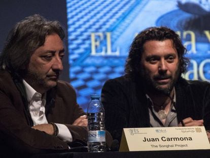 Josemi Carmona y Juan Carmona (Ketama) durante la presentaci&oacute;n del Festival de Fez en Barcelona. 