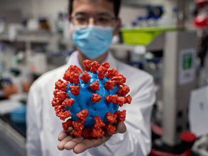 Un científico chino de uno de los laboratorios que está investigando la vacuna sostiene una réplica del coronavirus.