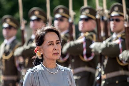 Aung San Suu Kyi, in 2019 in Prague.