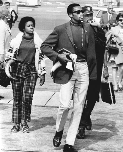 Tommy Smith and John Carlos, upon their arrival in Los Angeles in 1968, after being excluded from the US Olympic team participating in the games in Mexico. 