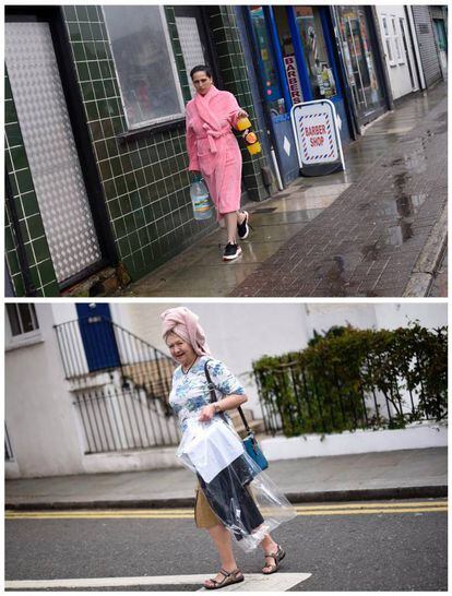 Una mujer camina por una calle principal de Kensington, Liverpool (arriba) el 20 de mayo de 2017. Abajo, la misma escena en la avenida principal de Kensington, Londres, diez días después.