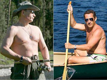 A la izquierda, Vladimir Putin pescando en el río Yenisey. A la derecha, Nicolas Sarkozy remando en el lago Winnipesaukee.