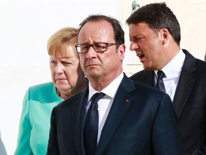 Merkel, Hollande y Renzi a su llegada al encuentro. POOL REUTERS