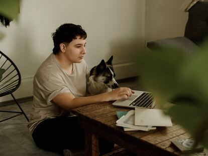 Un joven trabaja desde casa junto a su mascota.