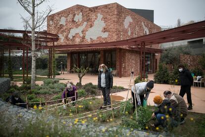 Una voluntaria de la fundación junto con usuarios, durante un taller de horticultura