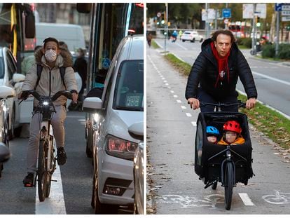 A la izquierda, un ciclista circula por la Gran Vía de Madrid el pasado viernes. Al lado, un padre lleva a sus dos hijos por un carril bici de Barcelona. VÍCTOR SAINZ / CRISTÓBAL CASTRO