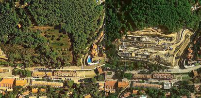 Combinación de dos fotos aéreas (Google Earth) con imágenes de Sa Riera en Begur, Girona, en 2015 y 2020.