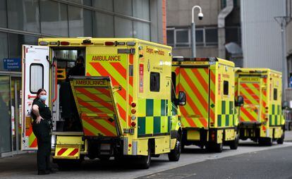 Ambulances outside the Royal London Hospital in London.