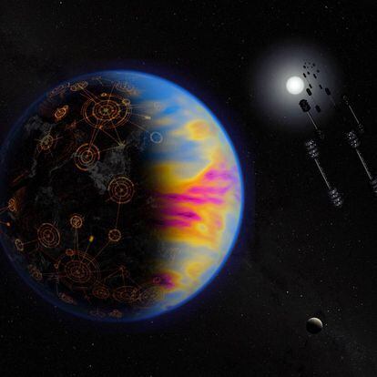 Ilustración artística de un exoplaneta tecnológicamente avanzado, los colores exagerados muestran la contaminación industrial.