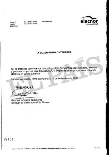 Documento firmado por el exejecutivo de Elecnor Germán Junquera que vincula a la empresa energética vasca con el exministro de Hugo Chávez Nervis Villalobos.