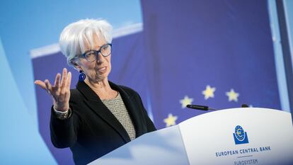 Christine Lagarde, presidenta del BCE, en rueda de prensa este mayo
