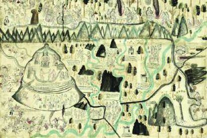 Mapa de Tequaltiche, hecho ah&iacute; (Jalisco, M&eacute;xico) en 1584, acuarela y tinta sobre papel, 86,3 x 124,5 cent&iacute;metros.
 