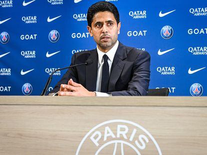 Nasser Al Khelaïfi en la presentación de Luis Enrique como nuevo entrenador del PSG.