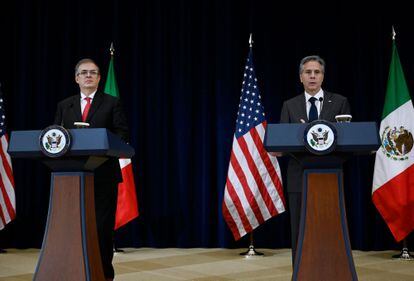 El canciller mexicano, Marcelo Ebrard, y el secretario de Estado Antony Blinken en una rueda de prensa este jueves en Washington