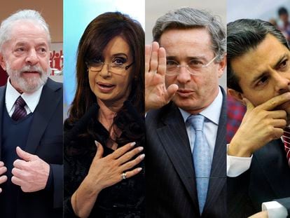De izquierda a derecha, los expresidentes latinoamericanos Lula Da Silva, Cristina Fernández, Álvaro Uribe y Enrique Peña Nieto.