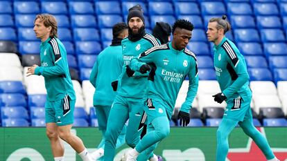 Modric, Benzema, Vinicius y Bale, en el último entrenamiento en Stamford Bridge antes del partido.