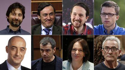 Desde arriba y de izquierda a derecha: Rafael Mayoral, Rafael Hernando, Pablo Iglesias, íñigo Errejón, Féliz Álvarez, Toni Cantó, Carolina Bescansa y Diego Cañamero.