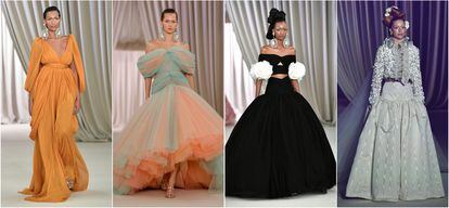 Cuatro diseños de Giambattista Valli en su desfile de la alta costura de enero de 2023; el último de ellos es el del vestido de novia que cerró el desfile.