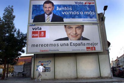 Las siguientes vallas electorales de los candidatos a la presidencia del Gobierno en 2004 dan para mucho. Mariano Rajoy, el <i>delfin</i> que José María Aznar eligió como su sucesor, mantiene con una ligera variación -añade el término "juntos" al "vamos a más"- el lema con el que el Partido Popular barrió cuatro años antes. "En este caso el partido es más importante que el candidato", resume Izquierdo. Frente al continuismo del principal partido de la derecha, el Partido Socialista <i>revoluciona</i> el sector resaltando algunas de las cualidades de su hombre, José Luis Rodríguez Zapatero. "El PSOE casi desaparece del escenario, el ciudadano se encuentra a un Zapatero muy cercano, más cercano que ningún otro política de la historia de España", enfatiza Morejón, que hace hincapié en "cómo se corta al político por la frente, resaltando su mirada azul, sus cejas y su sonrisa". ZP ha nacido.