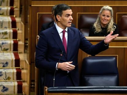 Pedro Sánchez, durante su intervención en la sesión de control al Gobierno en el Congreso, este miércoles.