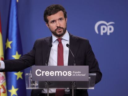 El presidente del PP, Pablo Casado, durante una rueda de prensa en la sede del partido, a 29 de julio de 2021.