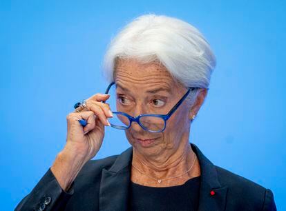 La presidenta del BCE, Christine Lagarde, en una rueda de prensa en Fráncfort, este jueves.