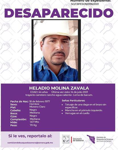 Cartel de búsqueda con la imagen de Heladio Molina Zavala, desaparecido en la ciudad de Cajeme (México). 