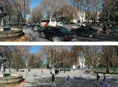 Arriba, estado actual de la plaza de las Cuatro Fuentes; abajo, aspecto que tendrá tras la remodelación del eje Prado-Recoletos.