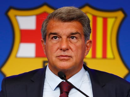 Joan Laporta, presidente del Barcelona, durante una rueda de prensa en agosto de 2021.