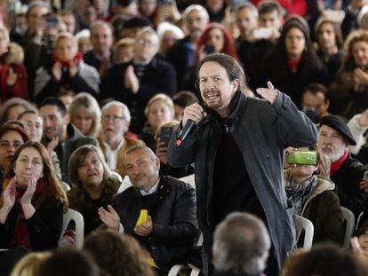 Pablo Iglesias, entonces líder de Podemos, en un acto público en un polideportivo de Gijón, el 5 de abril de 2019.