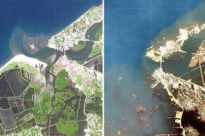 Imágenes de Aceh, en Indonesia, tomadas por el satélite <i>Ikonos</i> antes (izquierda) y después del paso del agua <i>.</i>